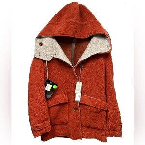 Swiss Chriss orange unlined teddy sherpa button down hooded jacket made in Italy